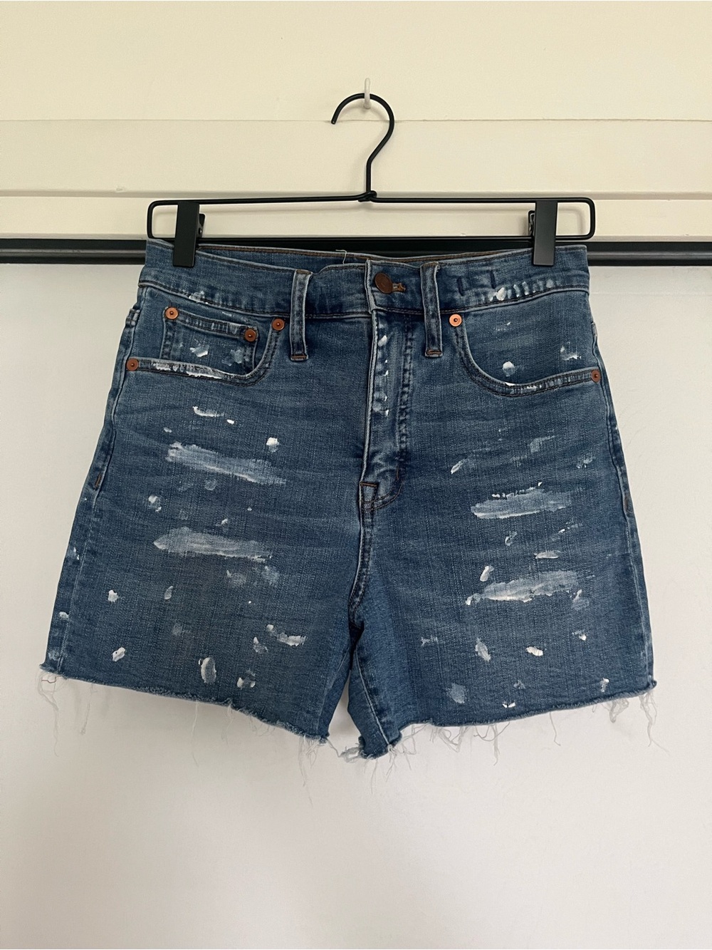 Madewell high rise denim shorts with paint splatter design